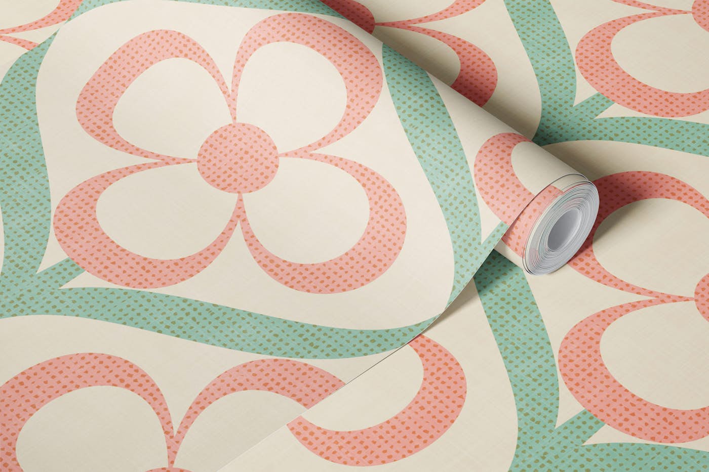 Retro Soft Pastel Blossoms Green and Pink wallpaper roll