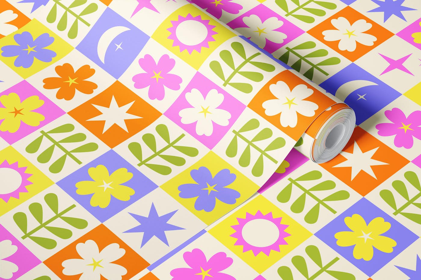 Checkered Stardust & Primroses Colorful SP wallpaper roll