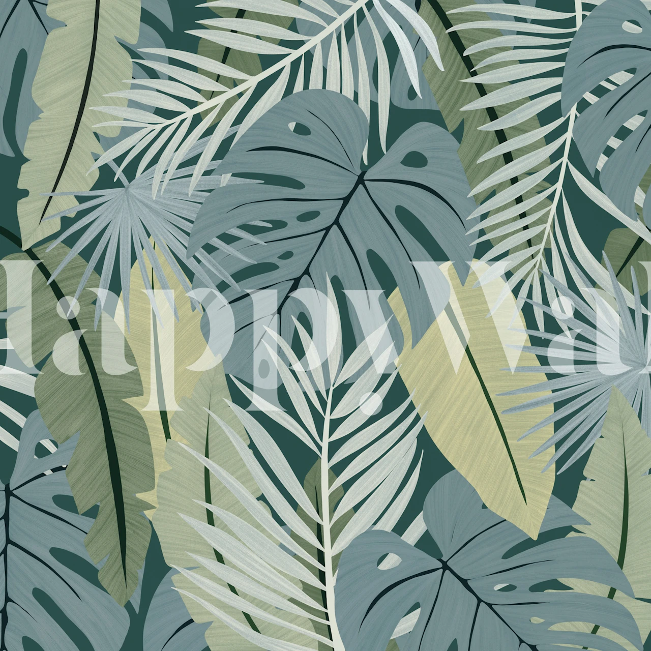 Tropical leaf designs in green, beige, and light blue wallpaper
