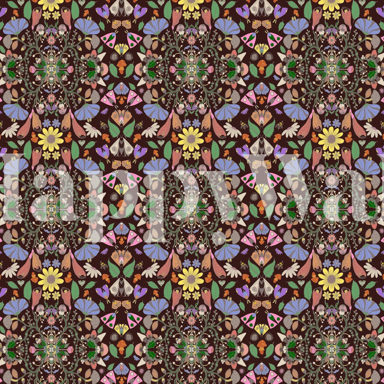 Colorful floral pattern with yellow, purple, and green elements wallpaper