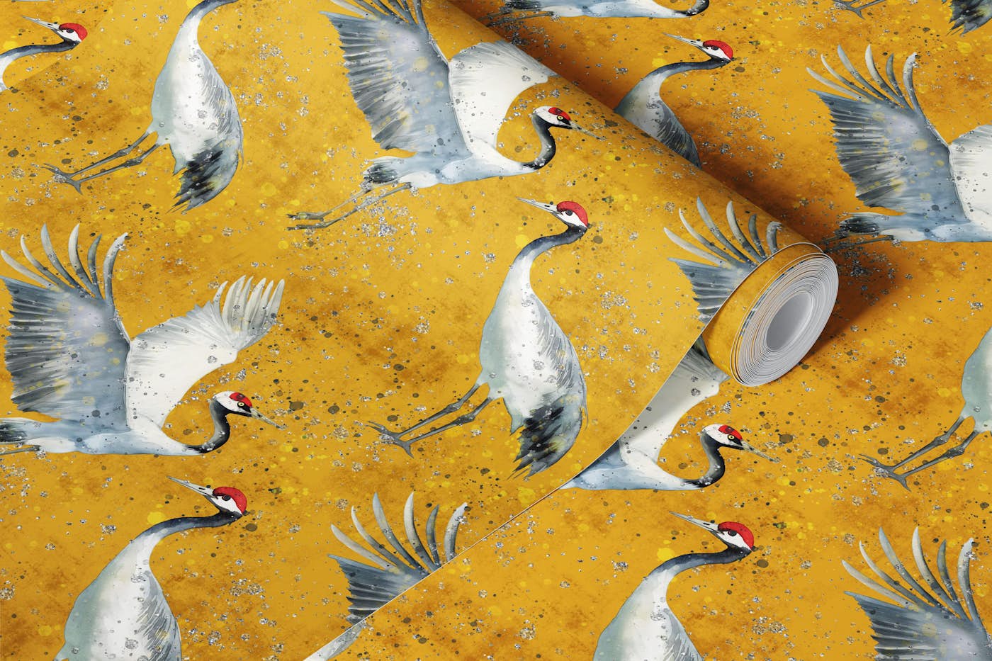 Cranes jewellwery yellow wallpaper roll