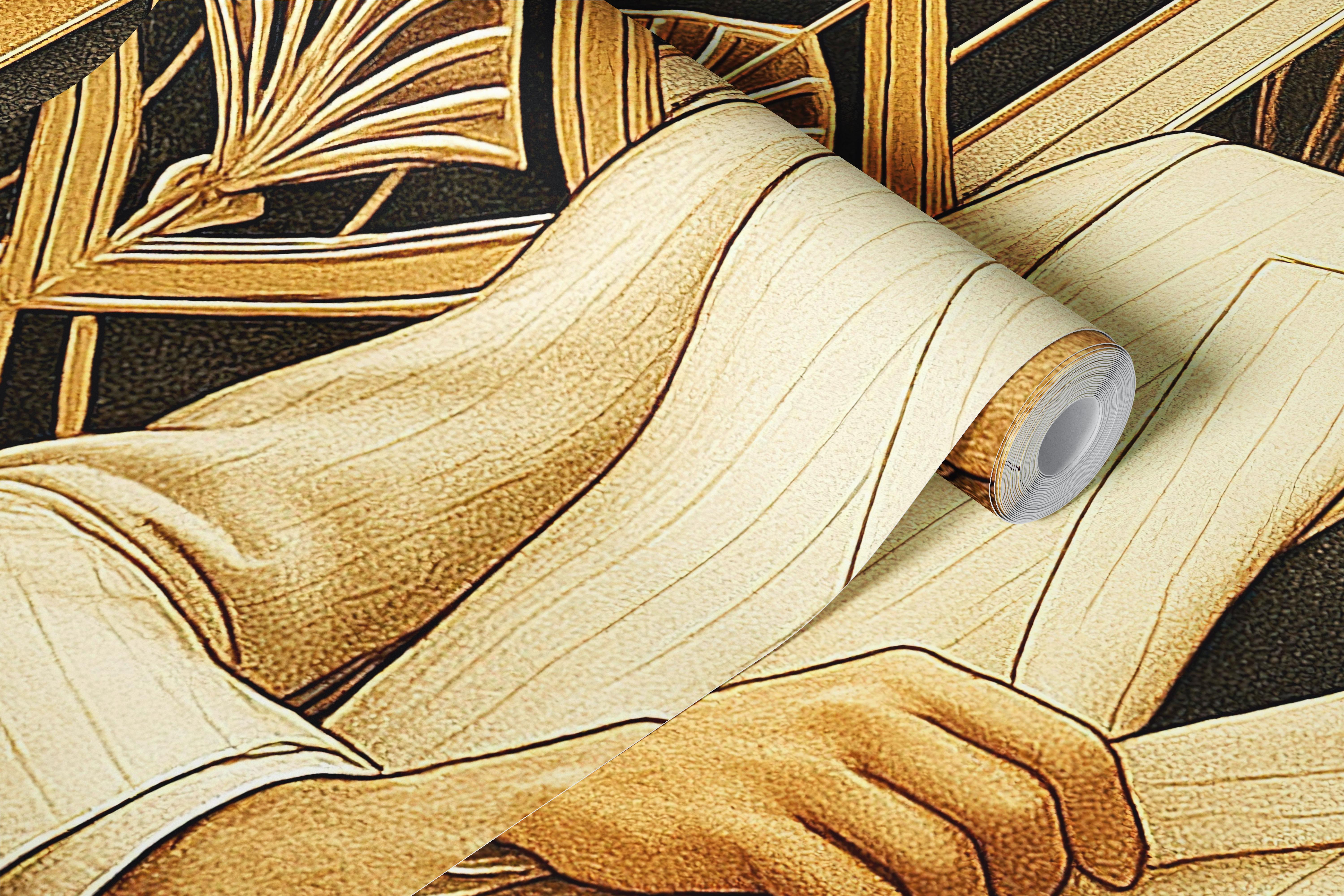 Man in a suit against gold and black geometric pattern wallpaper