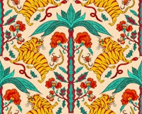 Folk Tigers in Yellow - Red - Teal Green behang
