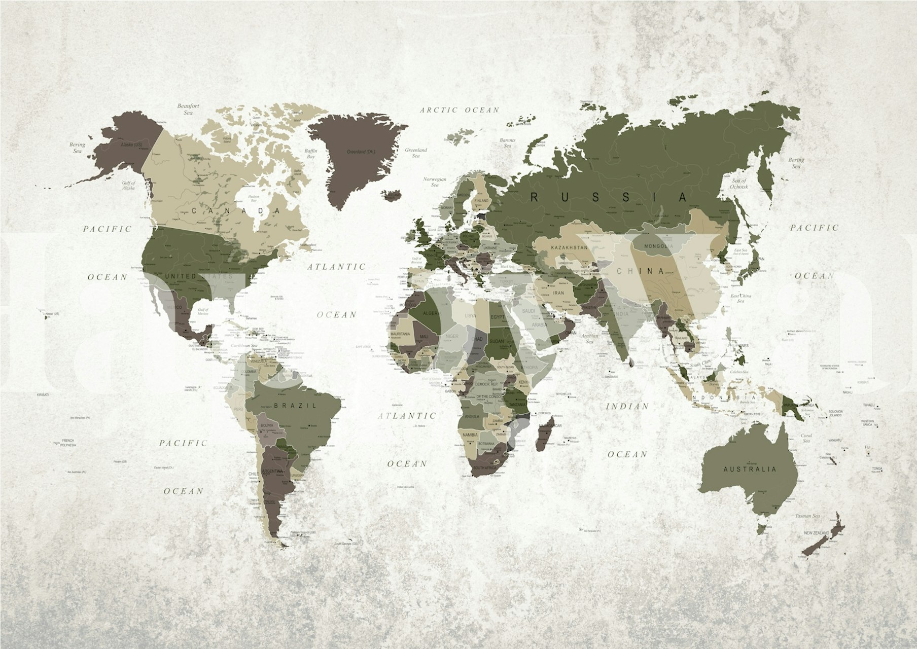 Vintage world map wallpaper in soft pastel colors with geographical details.