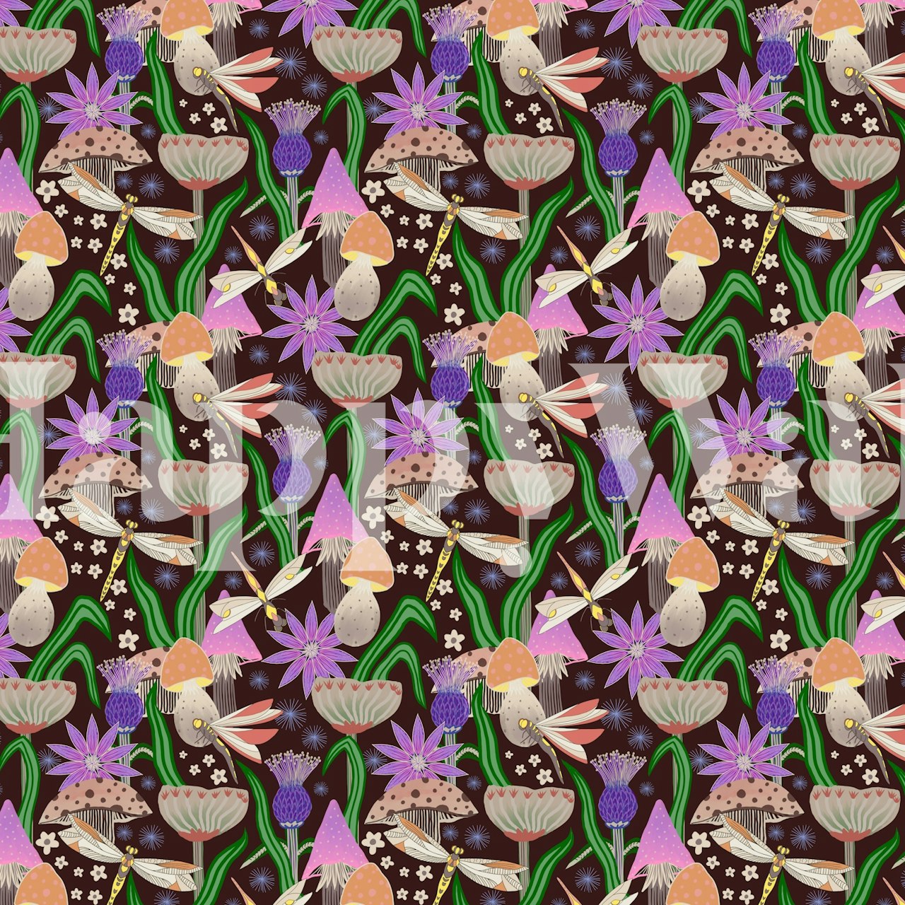 Colorful floral and mushroom patterns on a dark background wallpaper