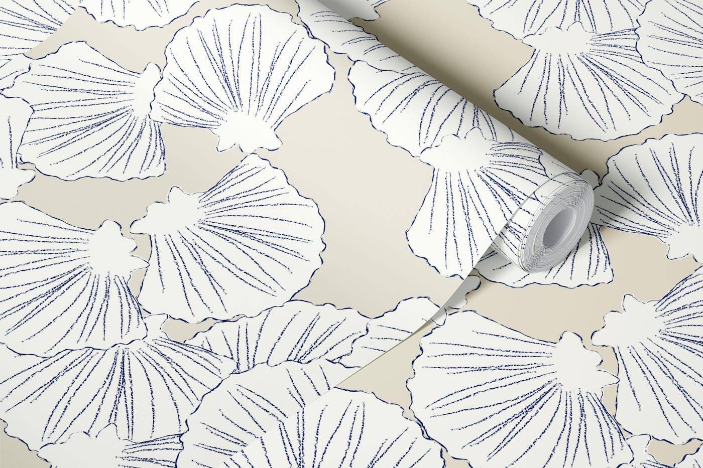 Blue white coastal shells drawn wallpaper roll