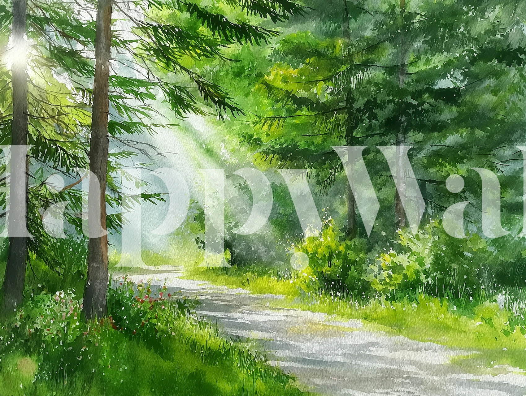 Forest scene with morning light rays, green trees and path wallpaper