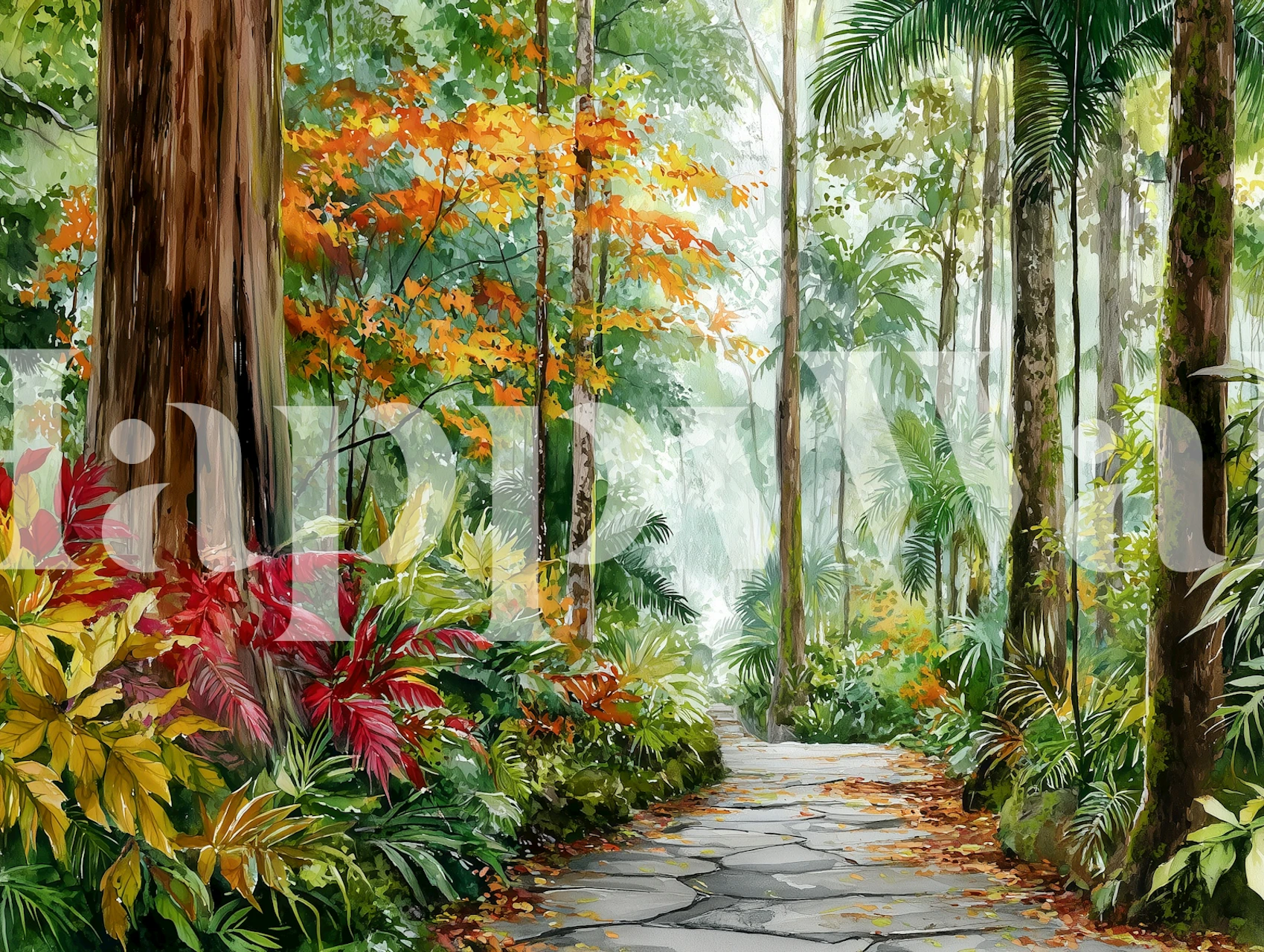 Autumn forest pathway with colorful leaves and lush greenery wallpaper