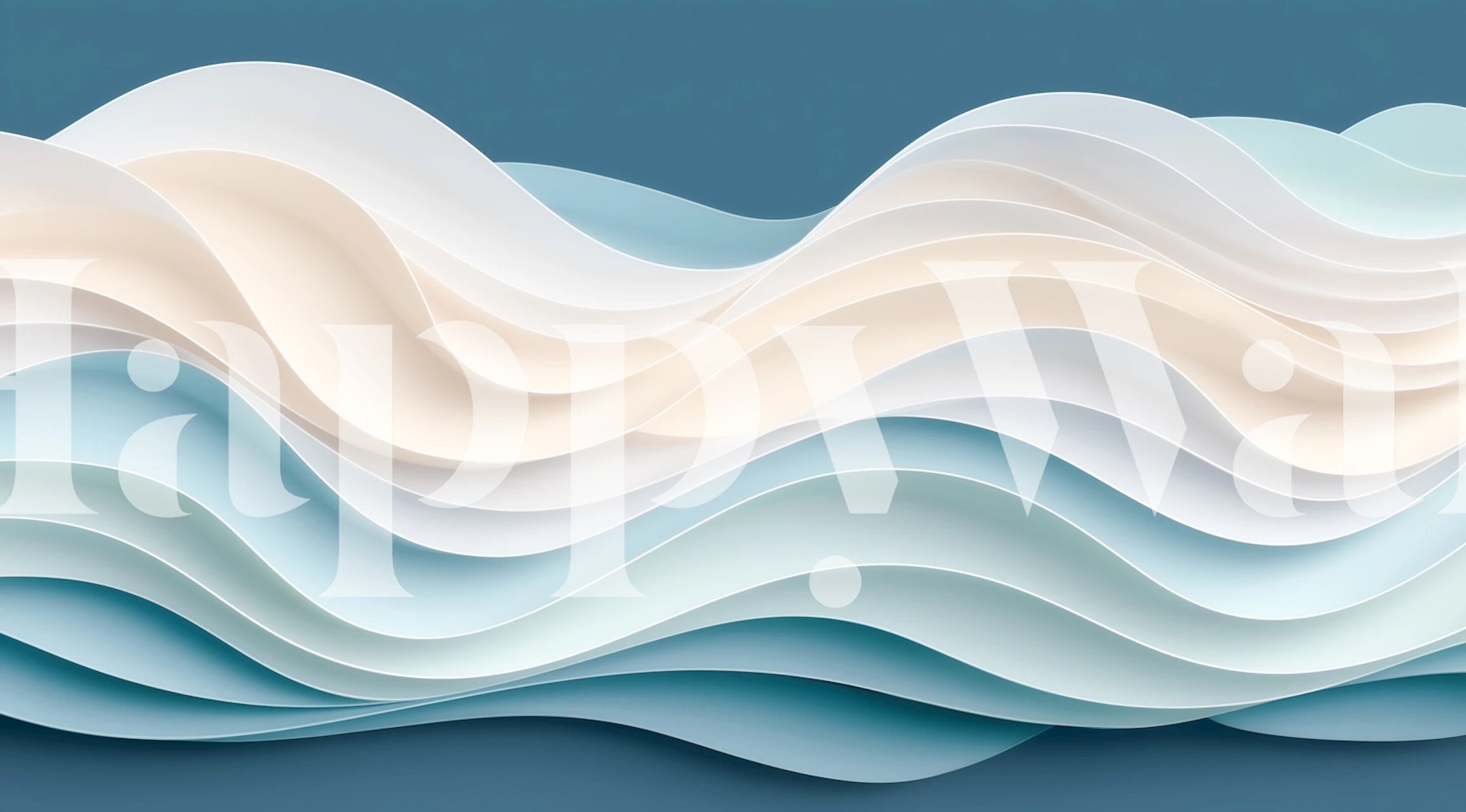 Layered wave patterns in blue and cream wallpaper
