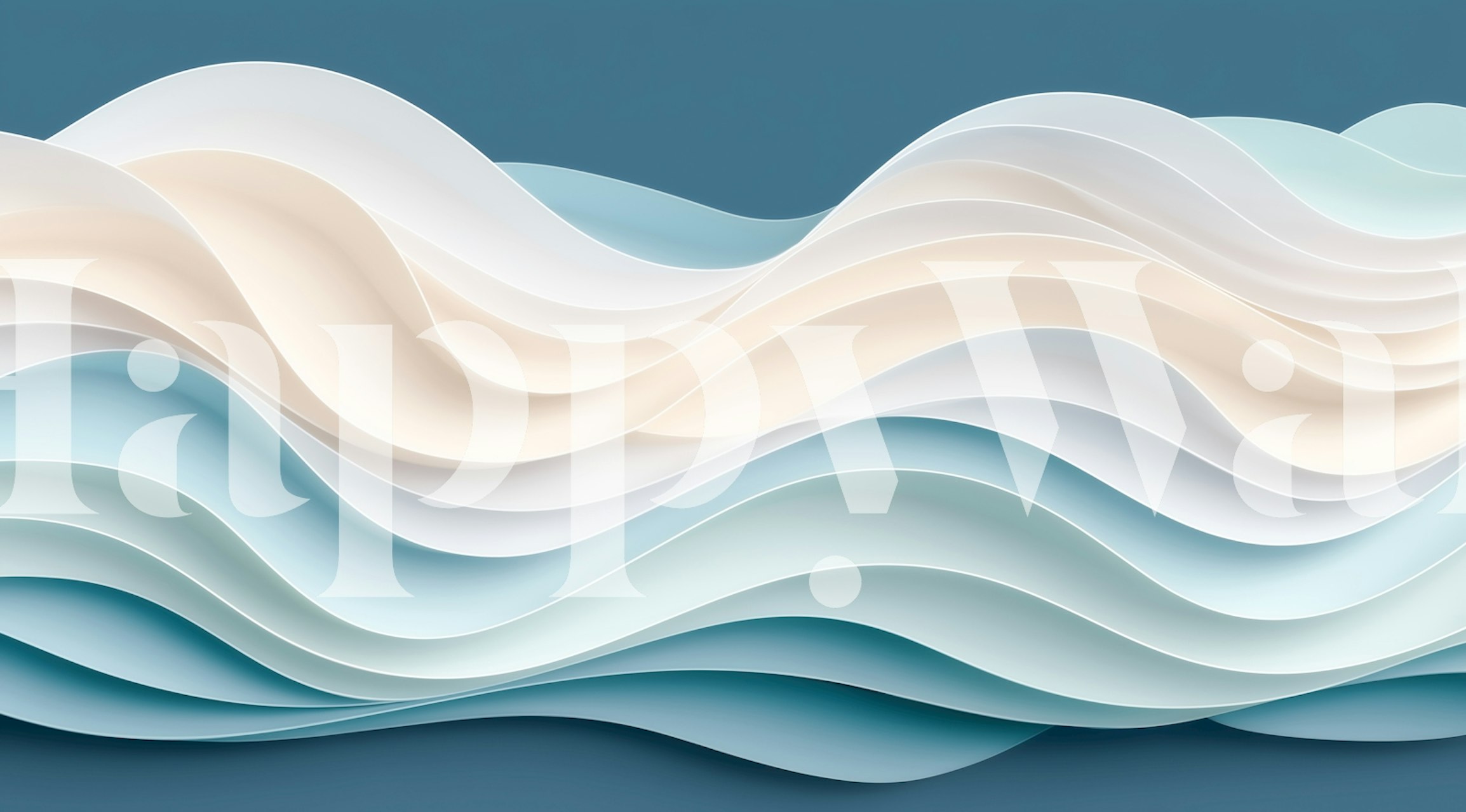 Layered wave patterns in blue and cream wallpaper