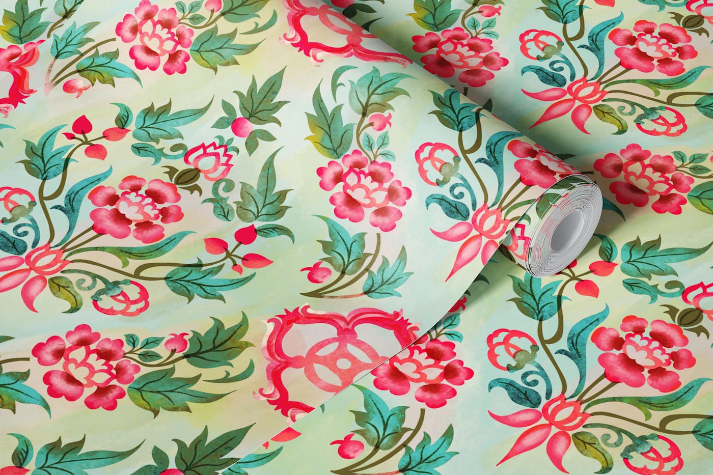floral vintage damask mint pink wallpaper roll