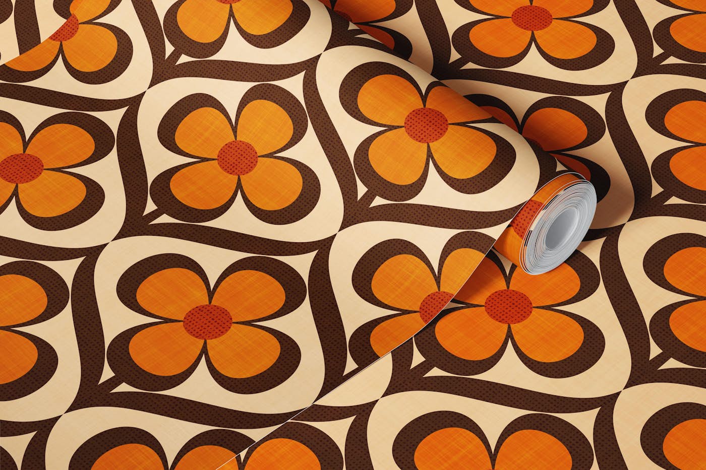 Small Retro Floral 70s Beige Brown Orange wallpaper roll