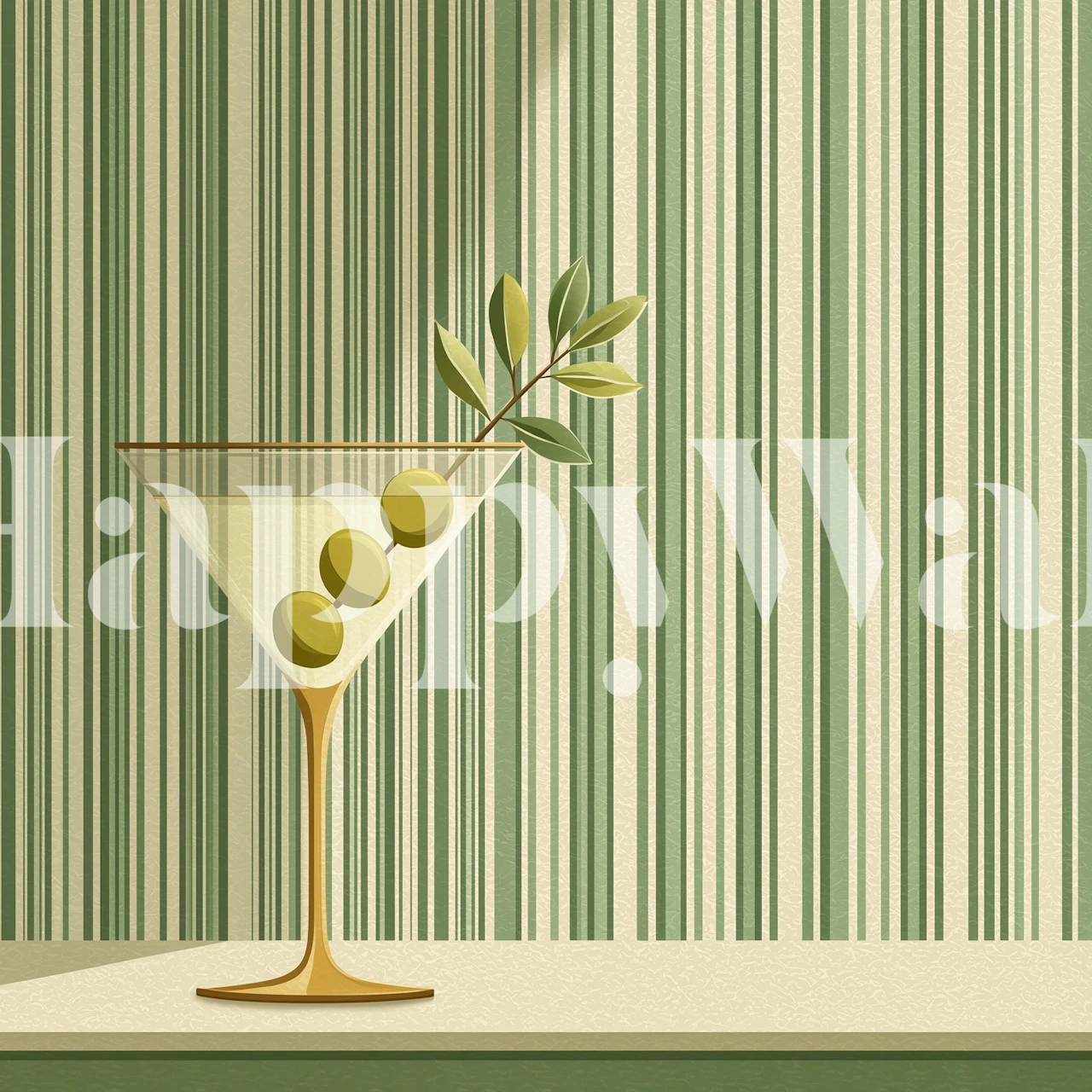 Olive martini graphic on green striped background wallpaper