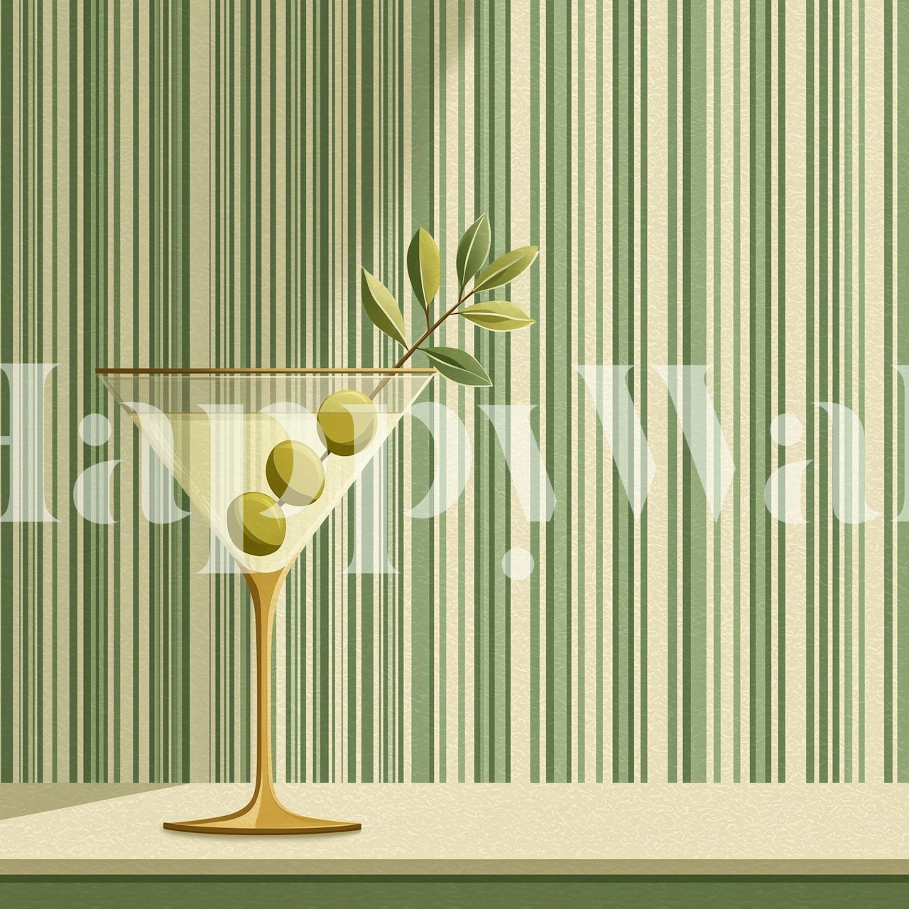 Olive martini graphic on green striped background wallpaper