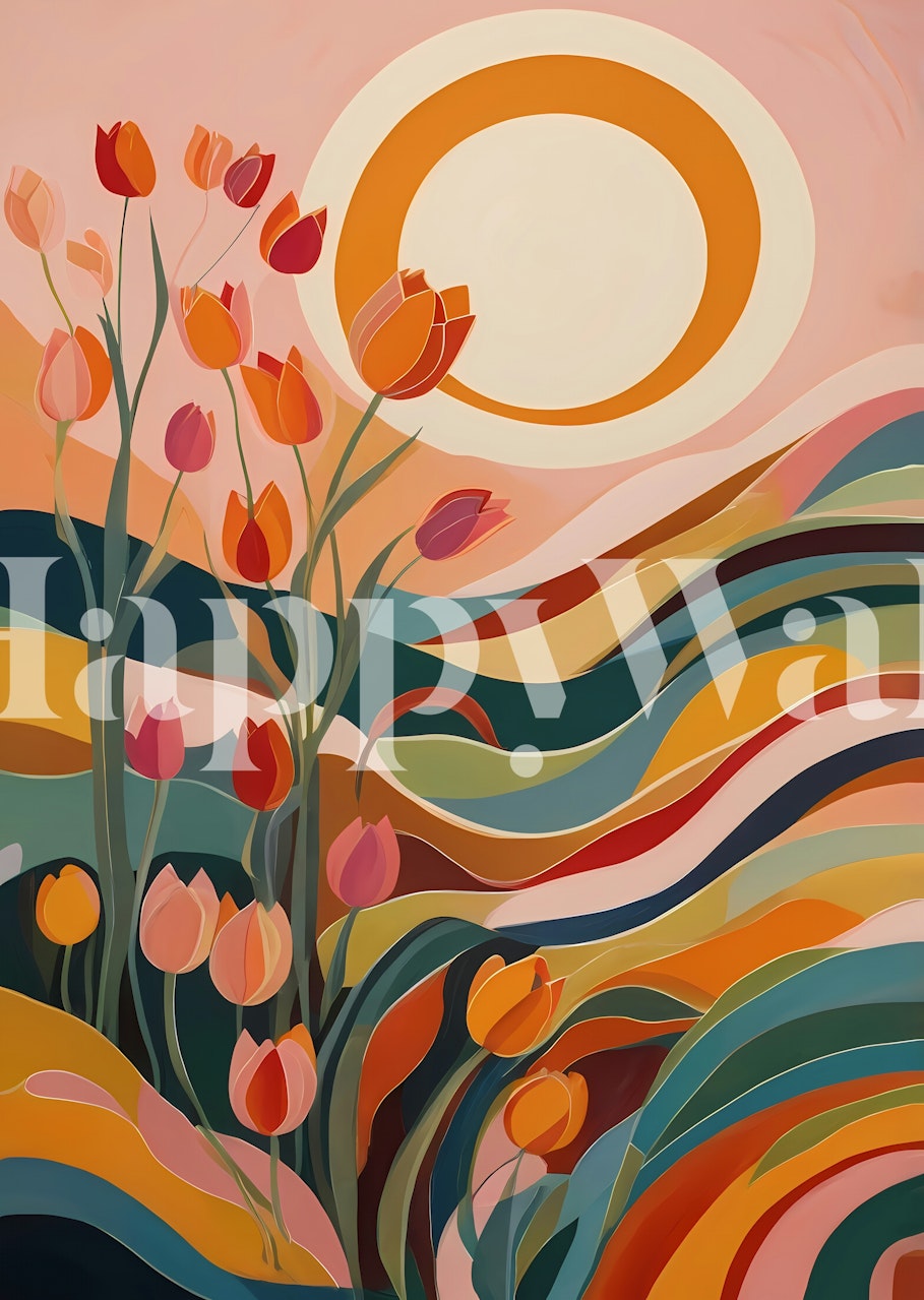 Ταπετσαρία Floral Sunrise Symphony σε ένα φωτεινό δωμάτιο