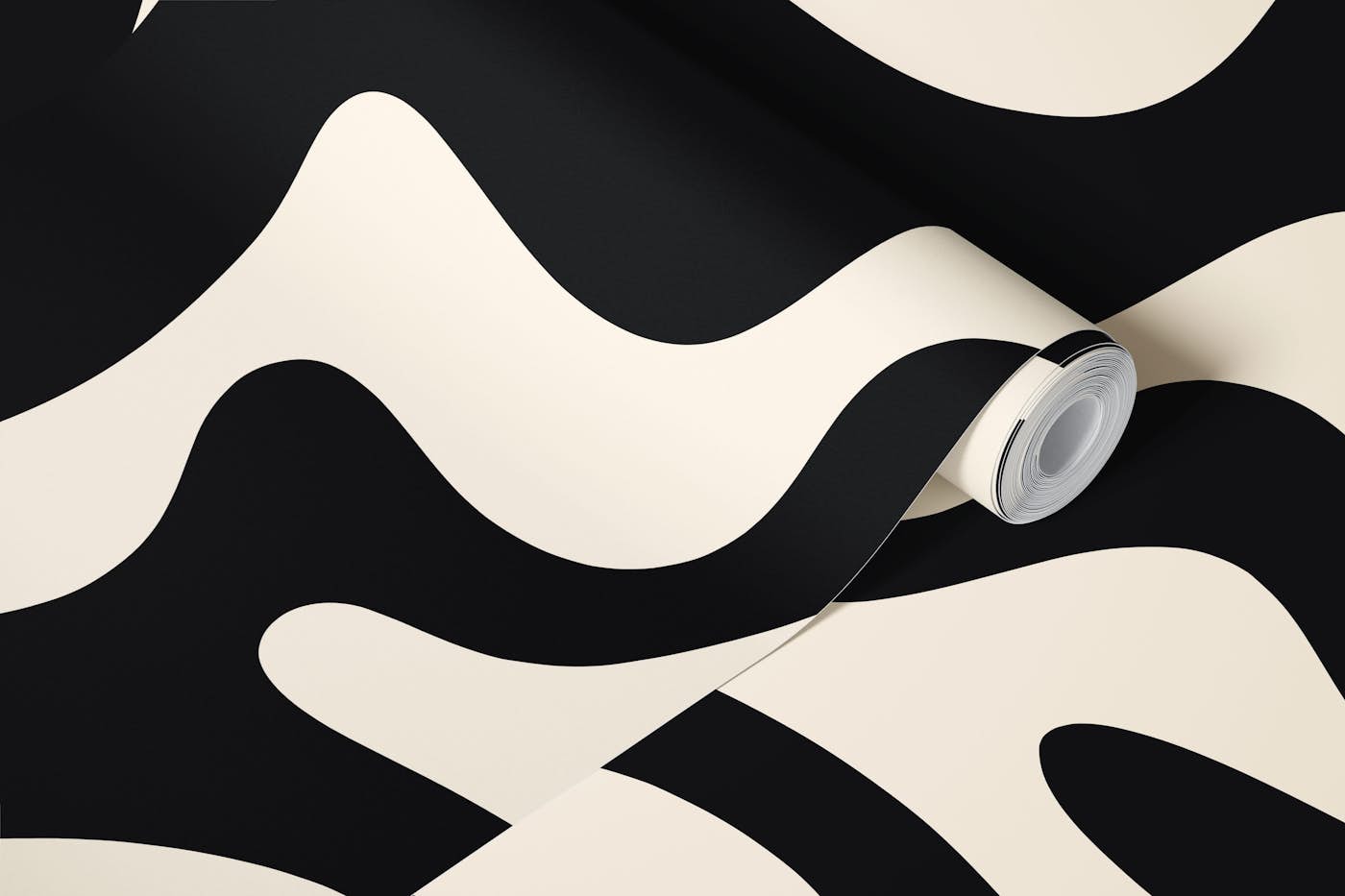 Retro Liquid Swirl Black and Cream Abstract wallpaper roll