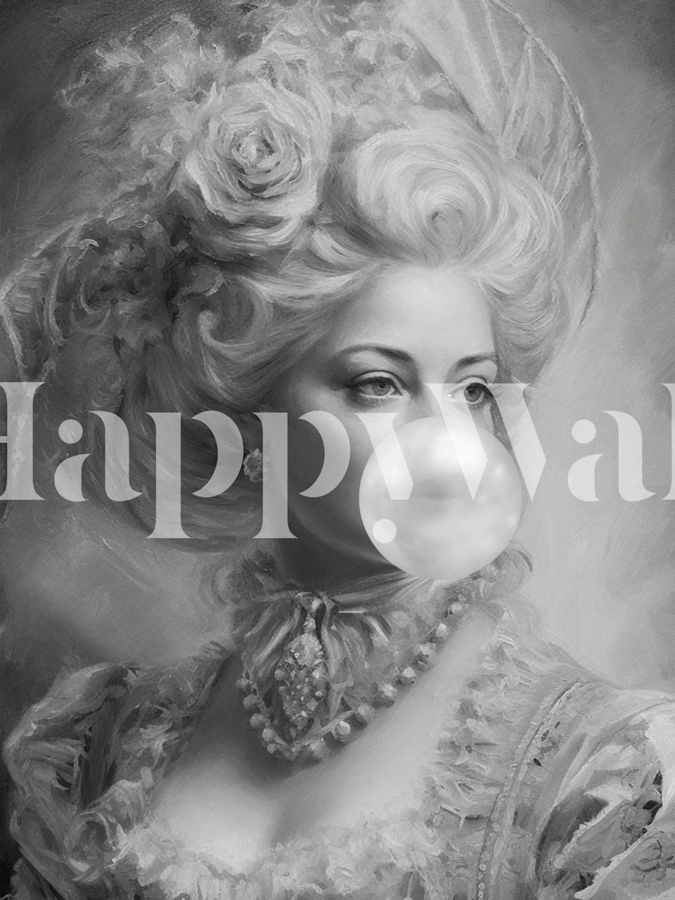 Regal portrait of a woman with bubble gum, black and white wallpaper