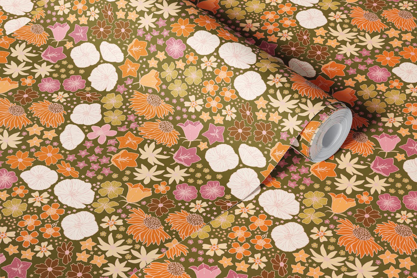 Retro floral cascade in orange and green wallpaper roll