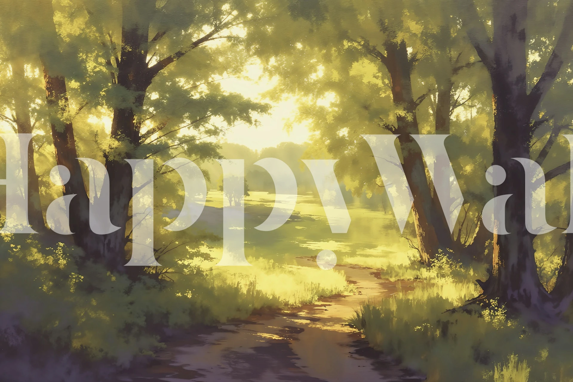 Forest path with sunlight through trees in green hues wallpaper