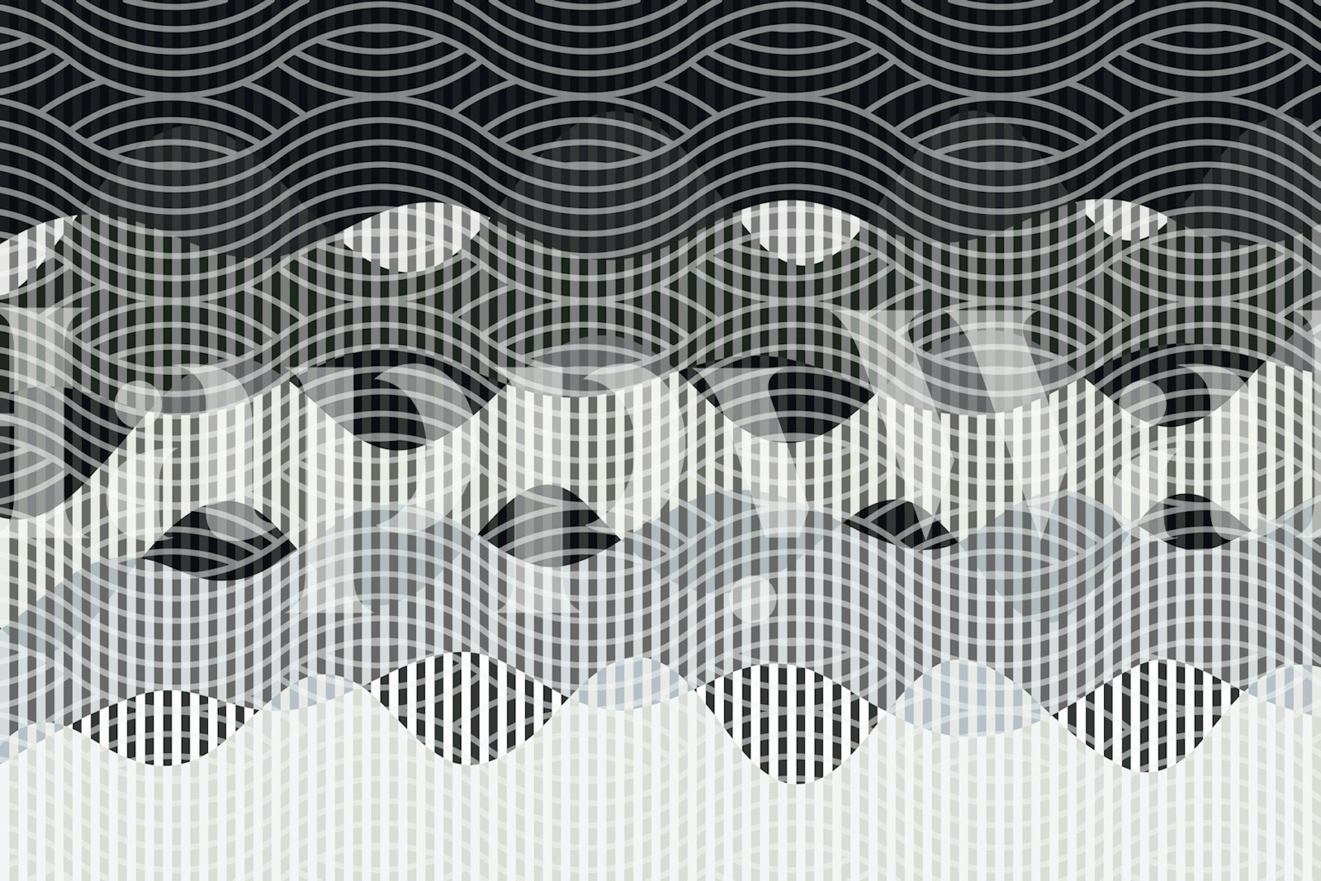 Monochrome Wave Grid wallpaper in modern room