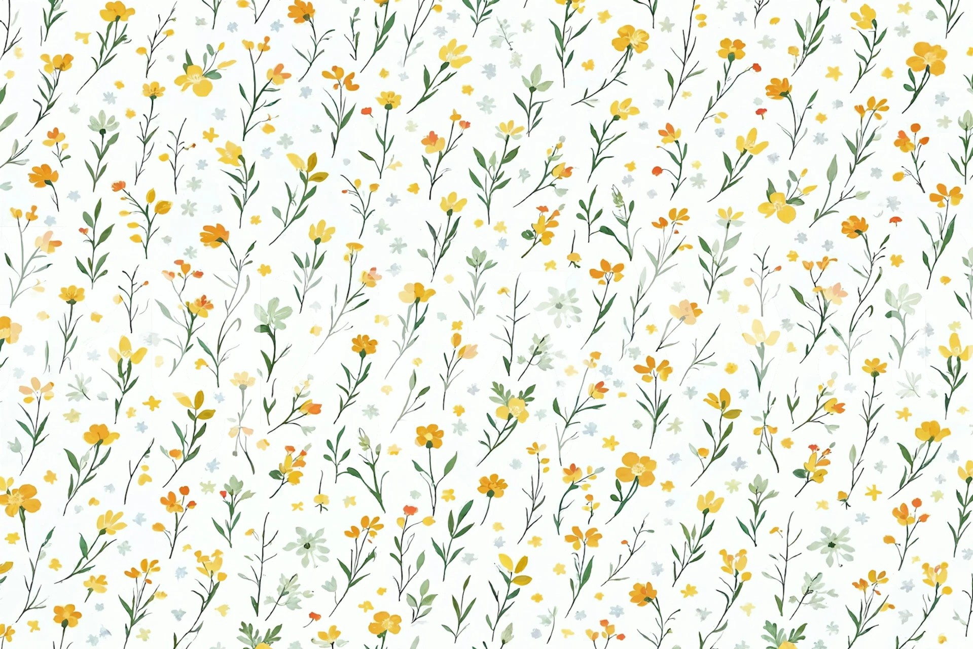 Floral pattern with yellow blossoms and green leaves wallpaper