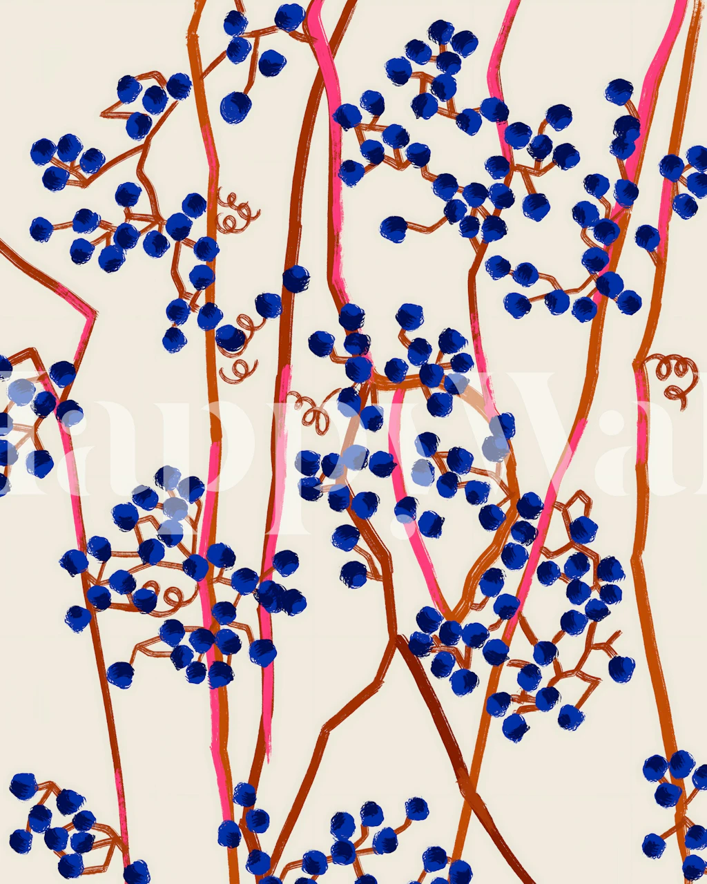 Blue berries with pink and brown branches on light background wallpaper