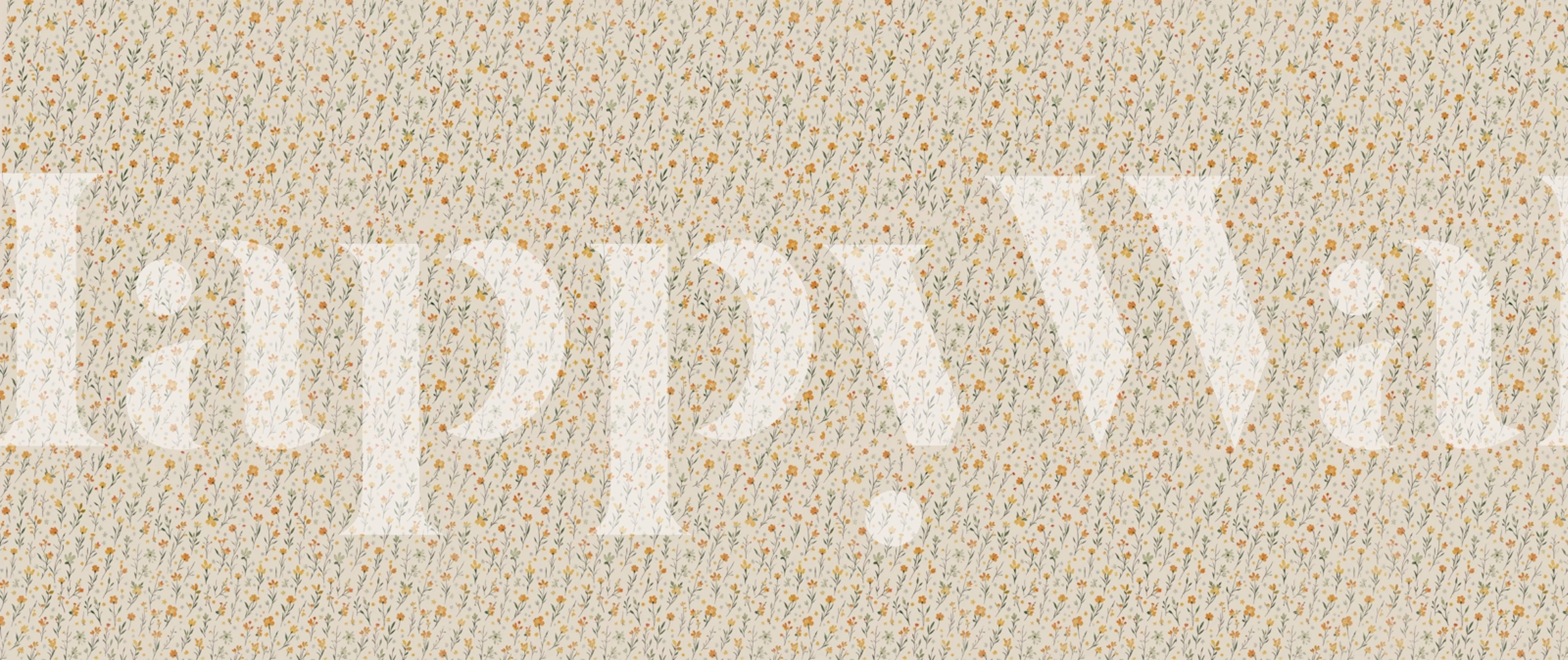 Floral pattern in yellow, orange, and green on beige wallpaper