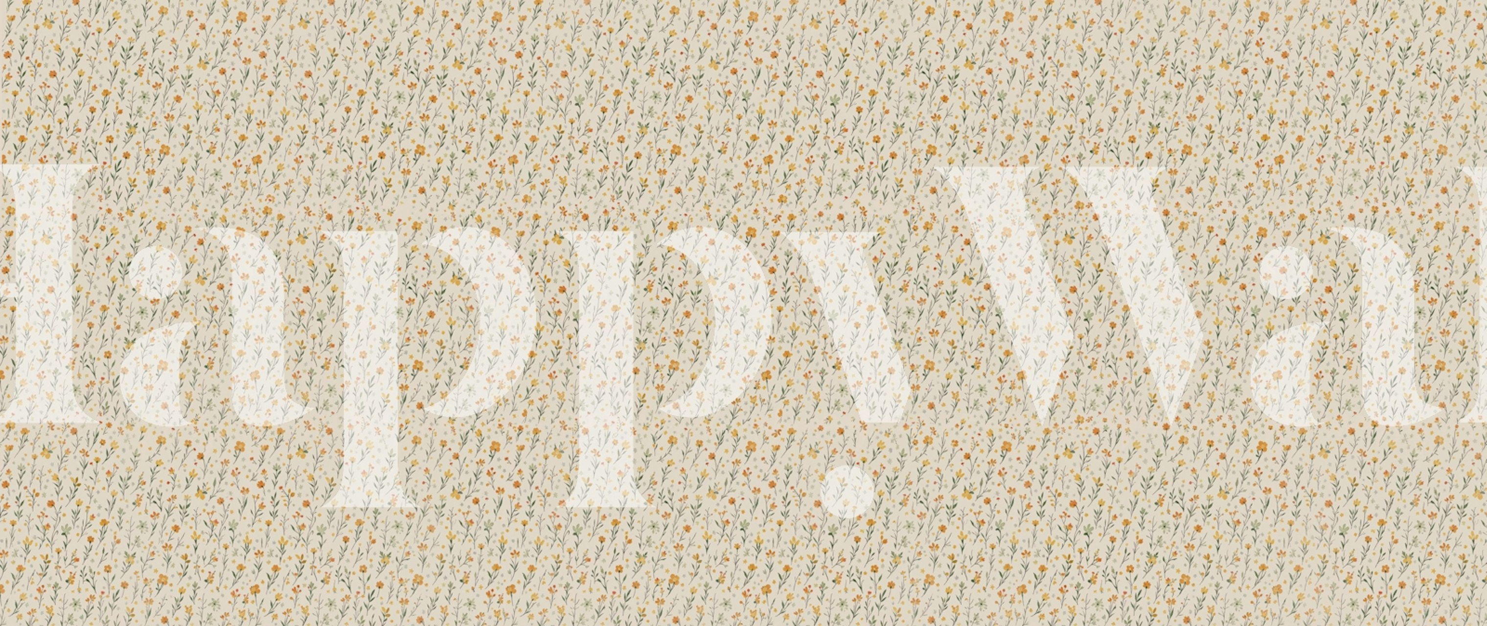 Floral pattern in yellow, orange, and green on beige wallpaper