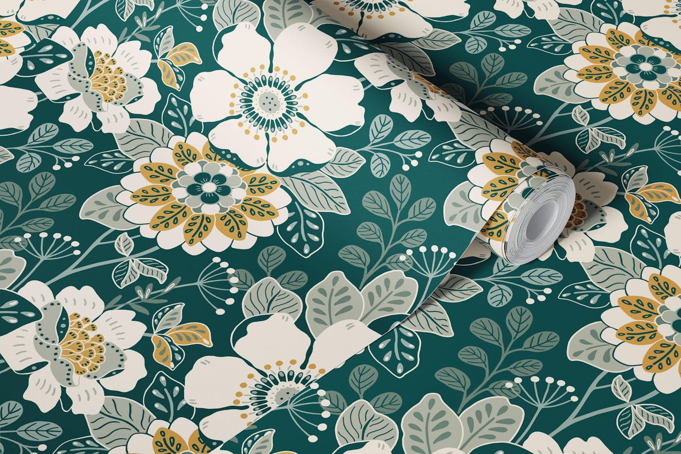 Rich Green Moody Floral wallpaper roll