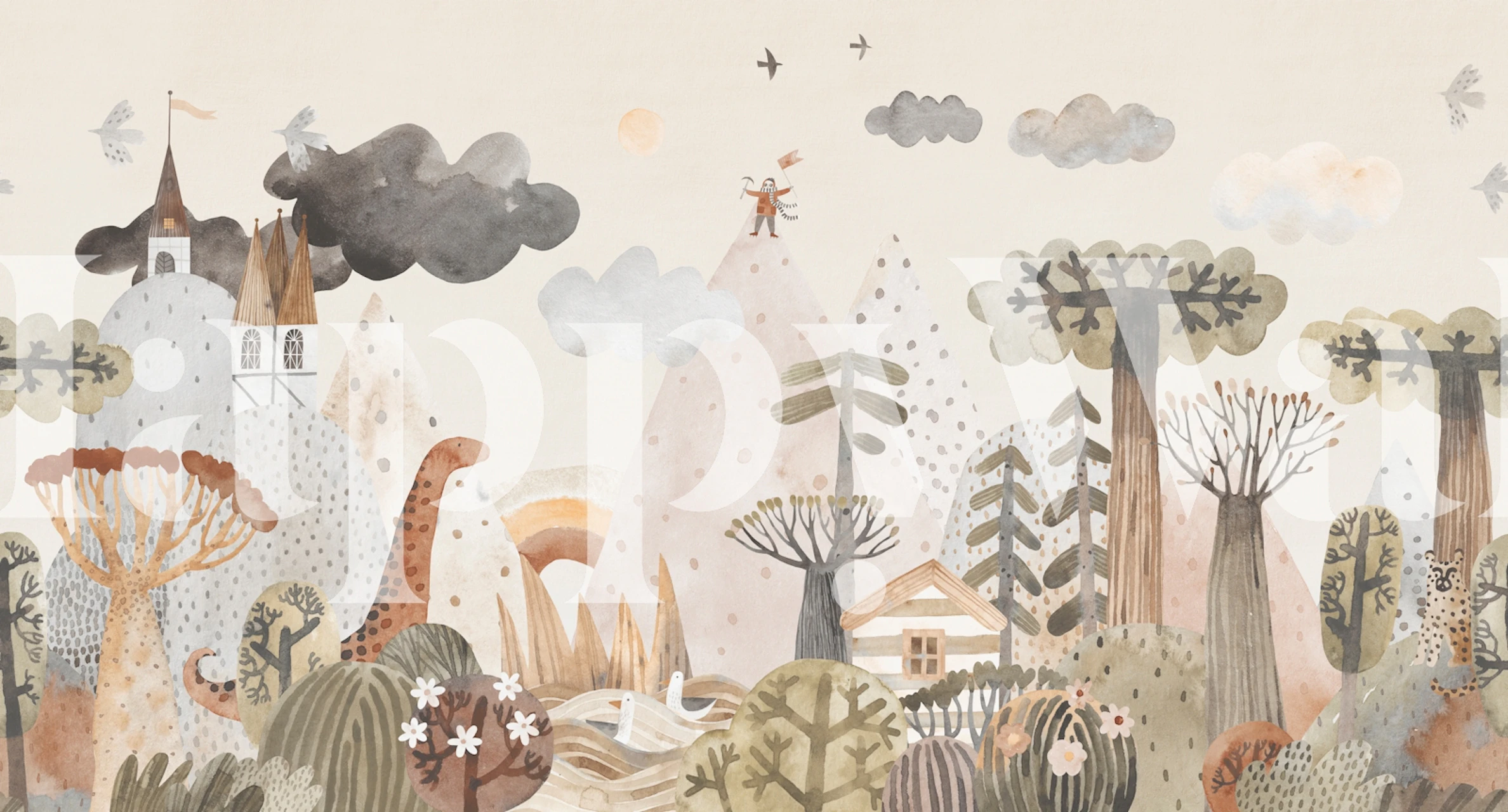 Enchanting storybook landscape wallpaper in a room