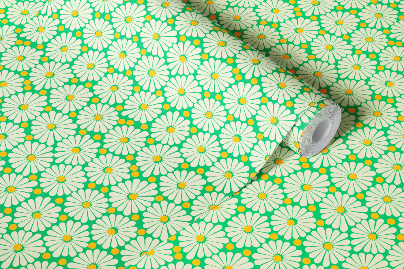 Retro Daisy Bloom Green wallpaper roll