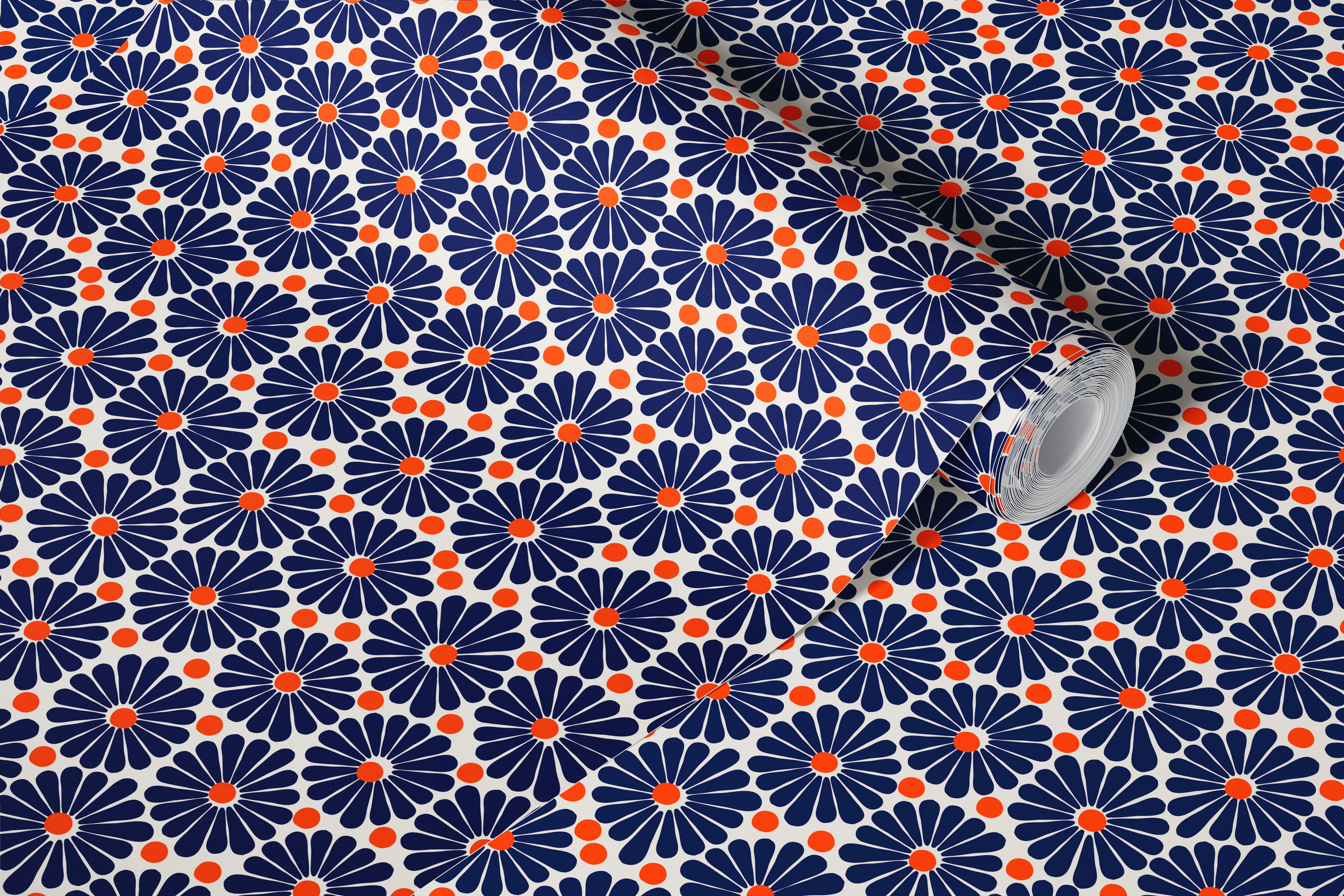 Retro Blooms Navy and Orange tapetdesign