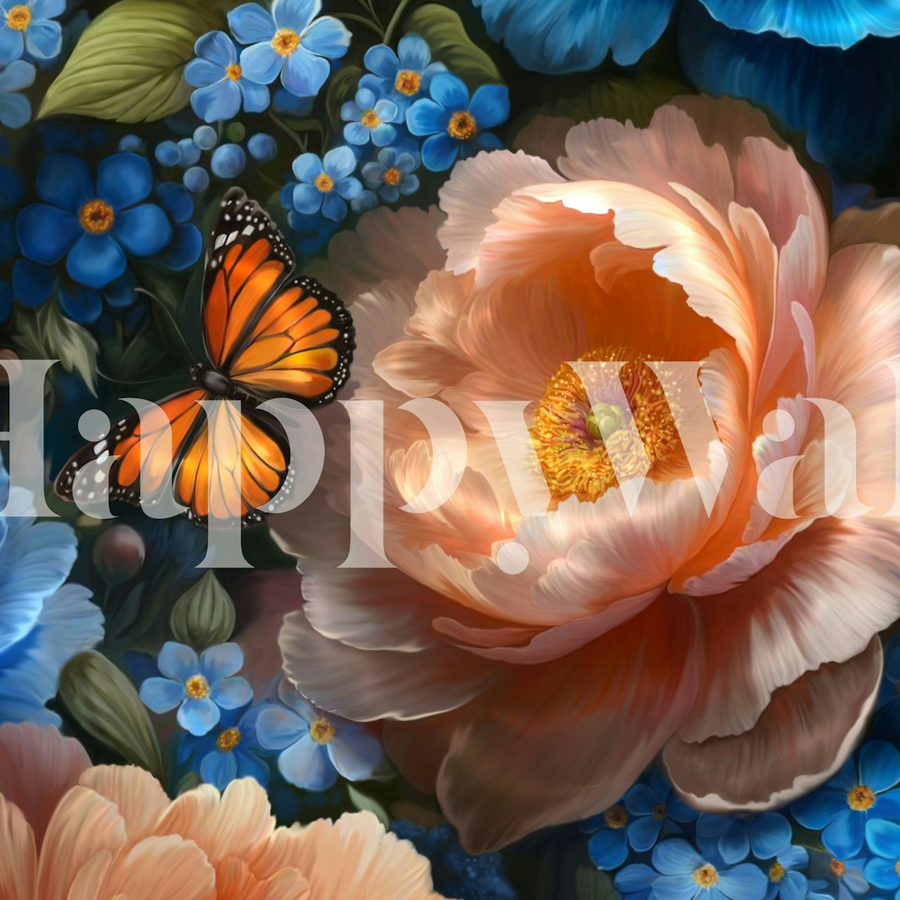Peach peony and blue flowers with a butterfly wallpaper