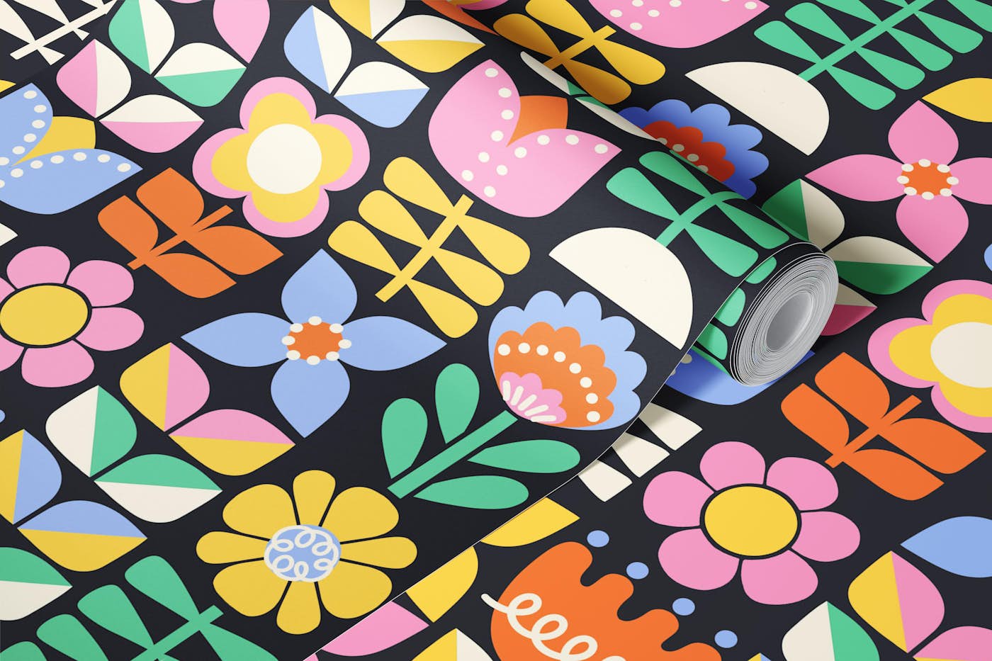 Retro Folk & Floral Pastel Flower Grid Black wallpaper roll