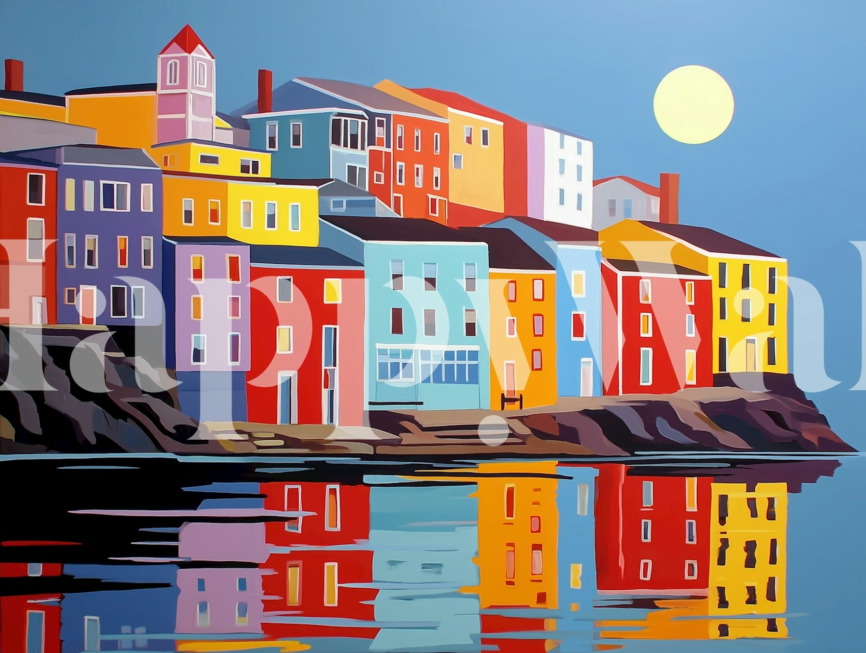 Colorful coastal reflections wallpaper in a room