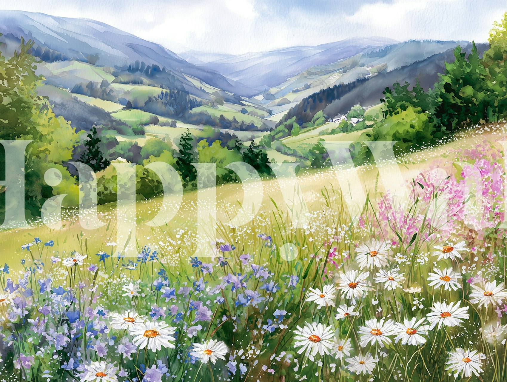 Springtime Meadow View wallpaper in a room