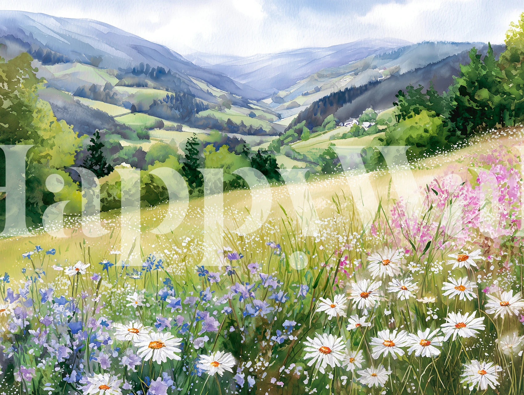 Springtime Meadow View wallpaper in a room