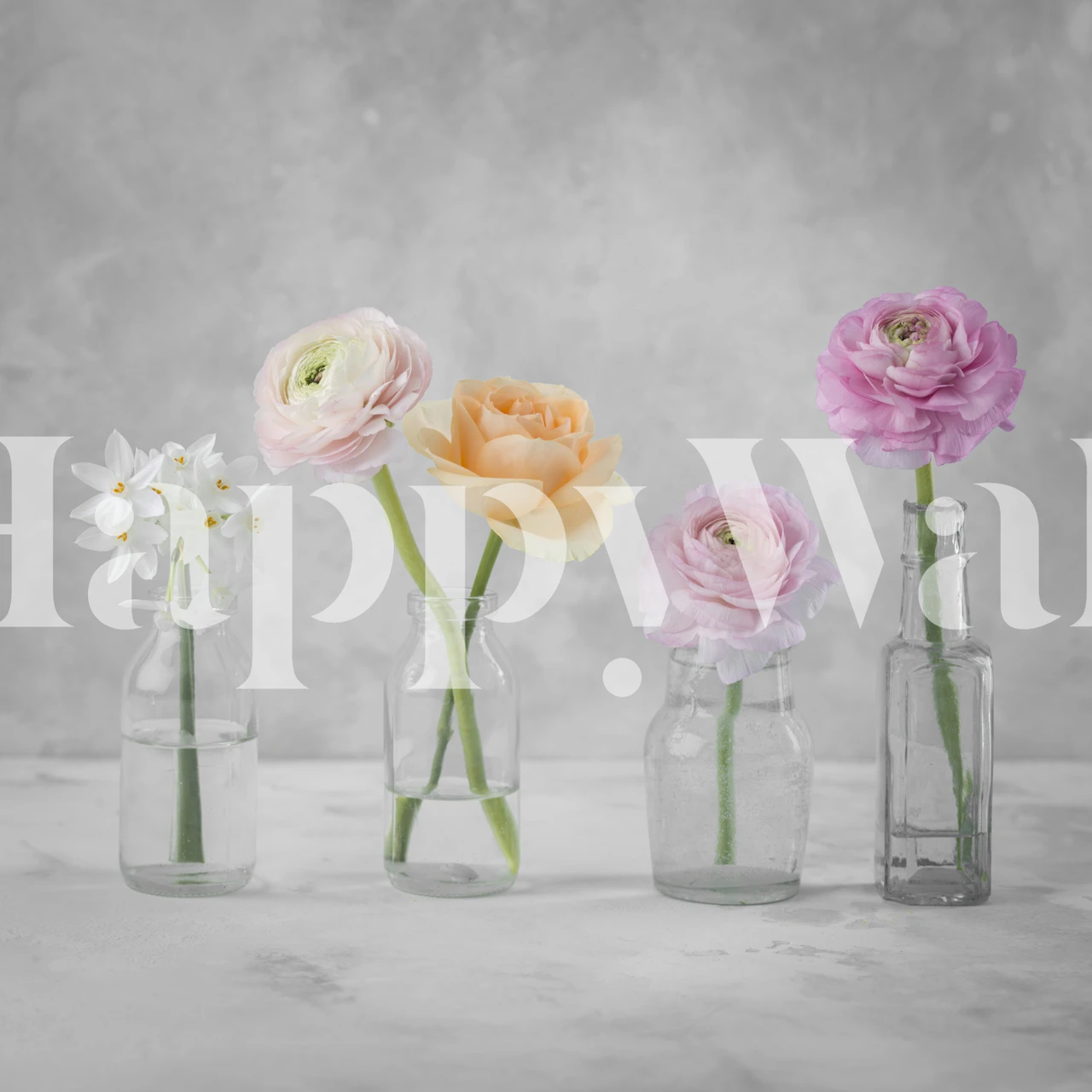 Pink and white flowers in glass vases floral wallpaper