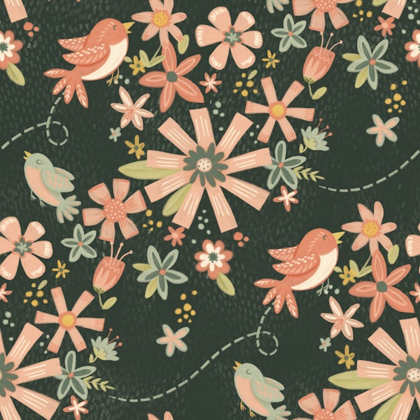 Birds and Flower buds - Dark Gray