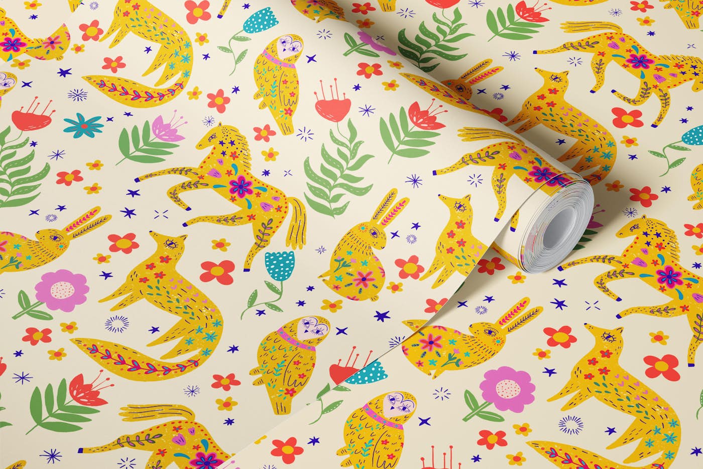 Folk Art Forest Animals wallpaper roll