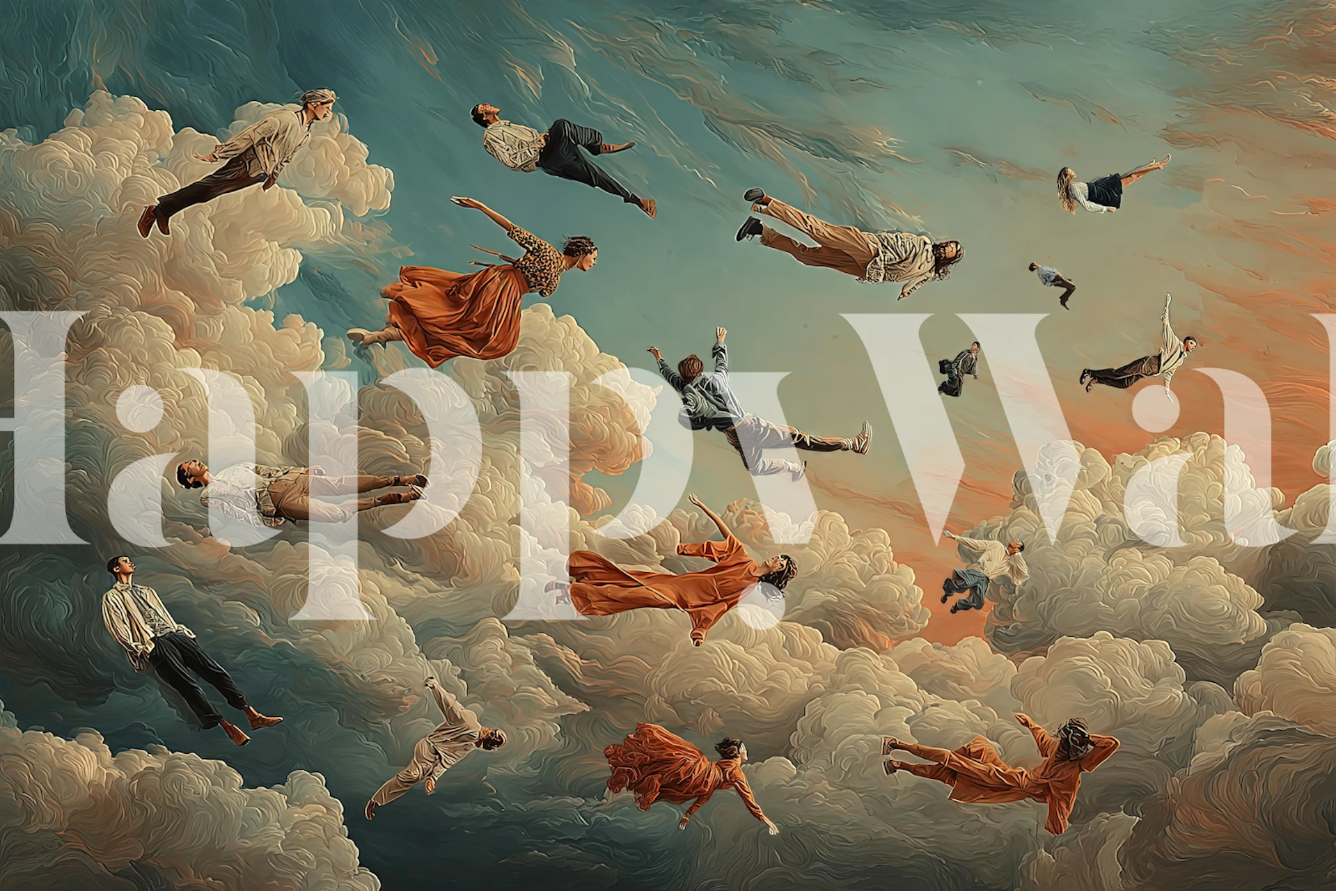 Surreal floating people among colorful clouds wallpaper