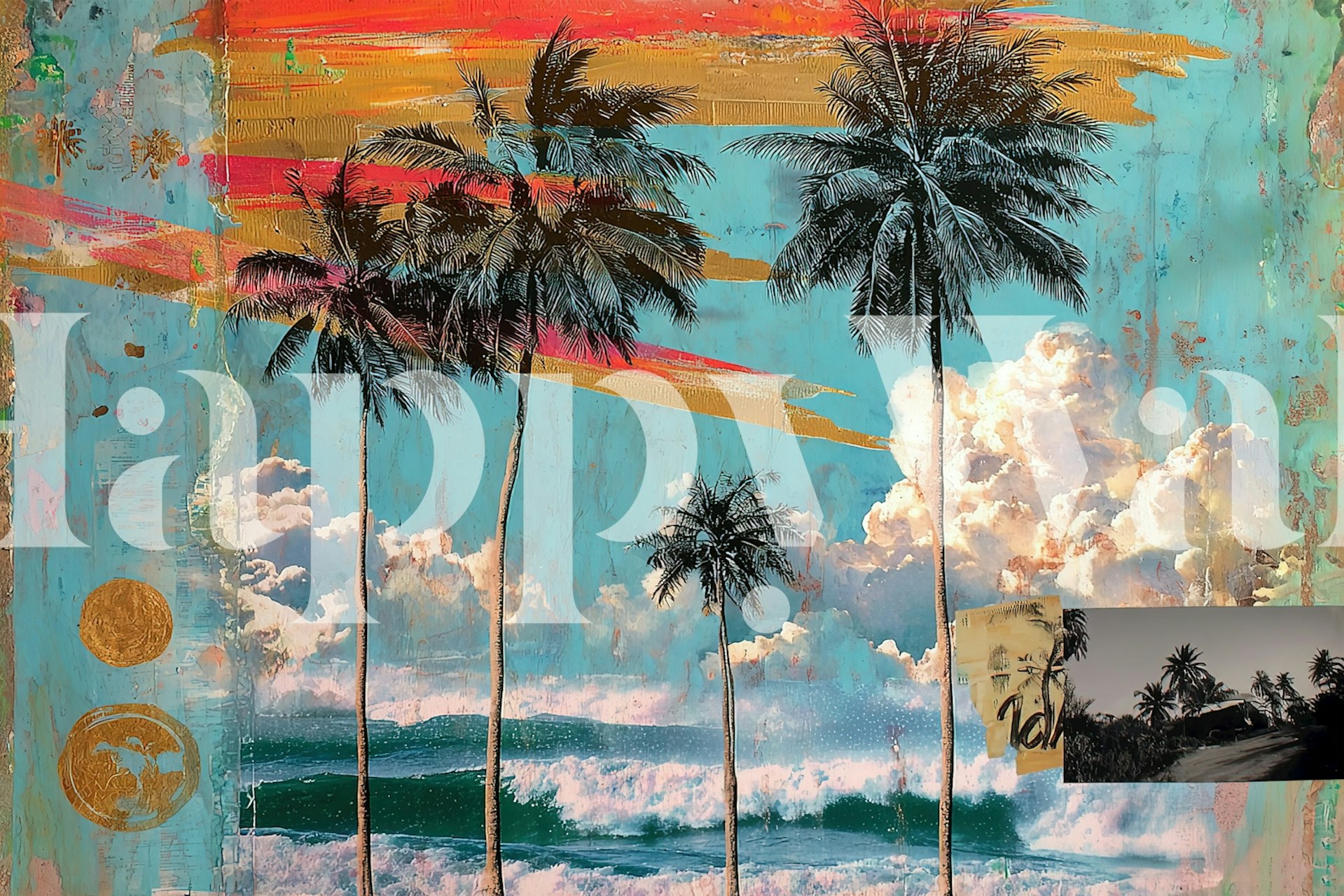 Tropical palm trees with blue sky, clouds, and ocean wallpaper