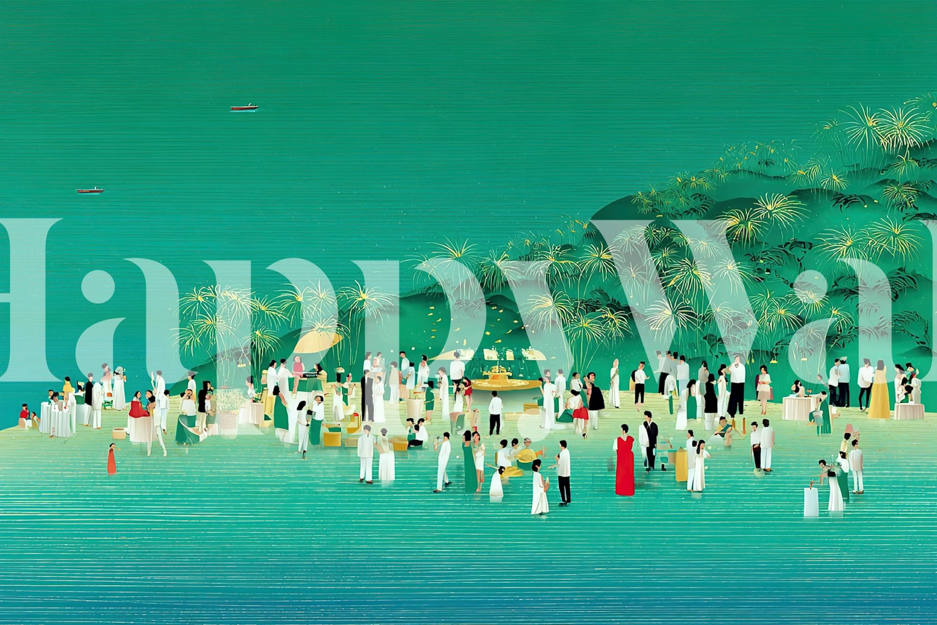 Colorful tropical beach party scene with palm trees and people wallpaper