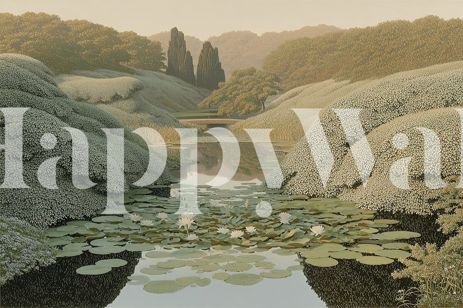 Lily pads on a tranquil pond surrounded by green hills wallpaper