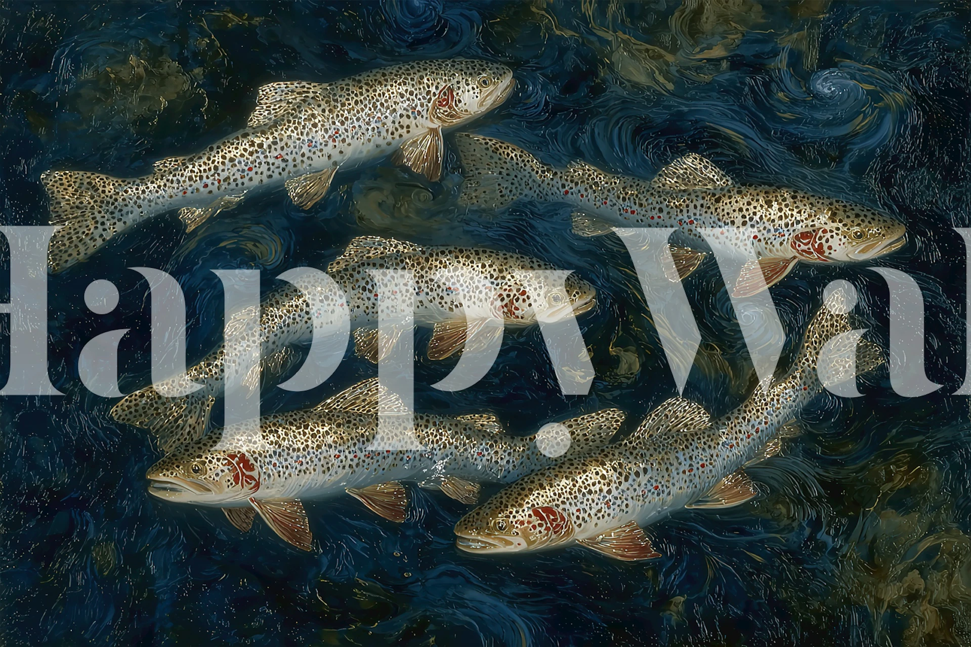 Realistic trout swimming in deep blue water wallpaper