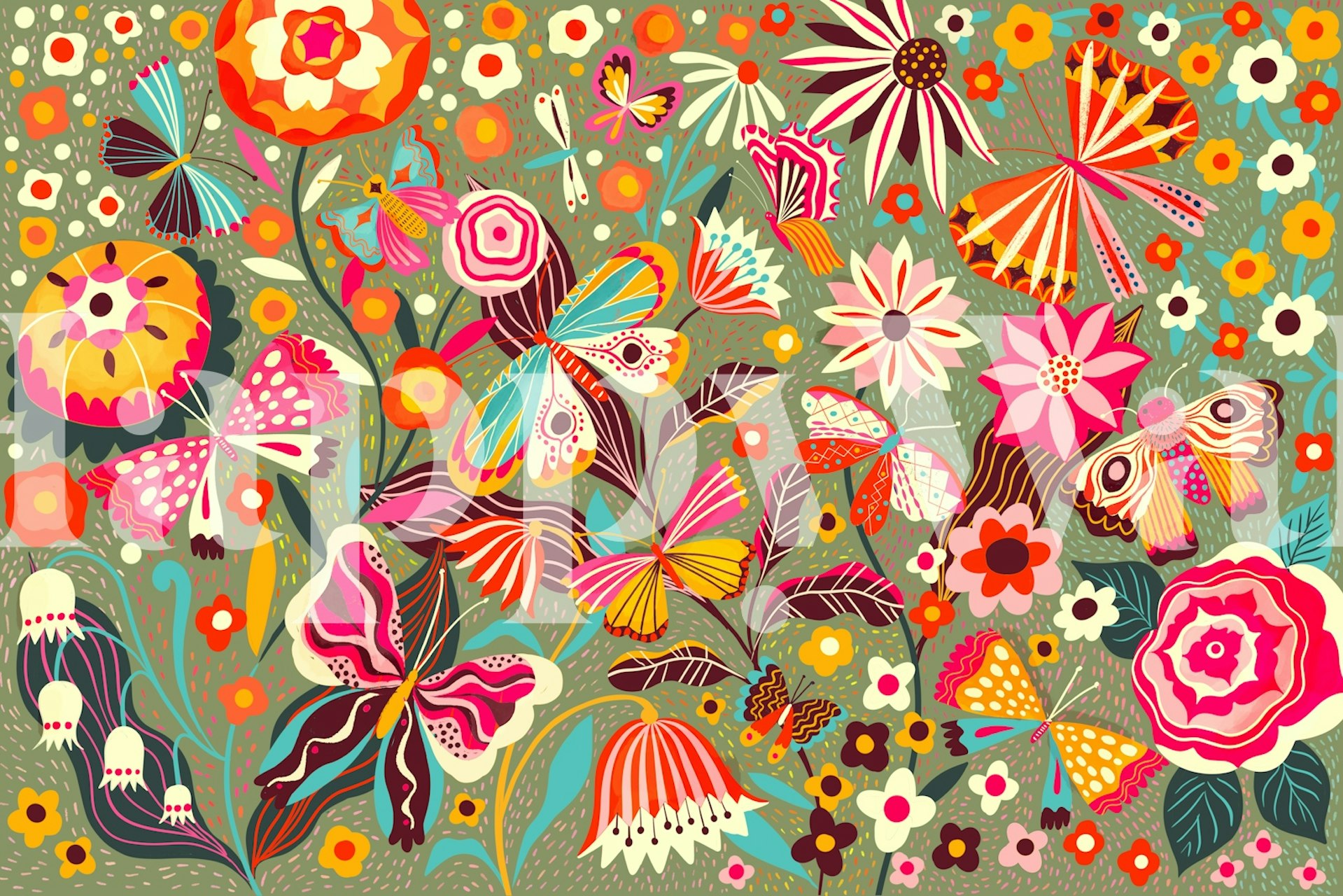 Butterfly garden fantasy wallpaper in a room