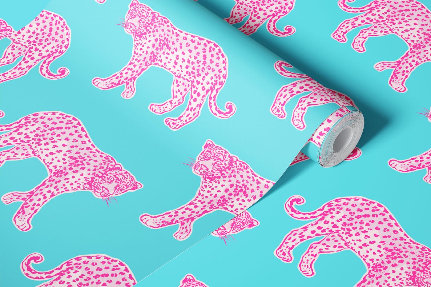 Hot Pink Panther on blue wallpaper roll