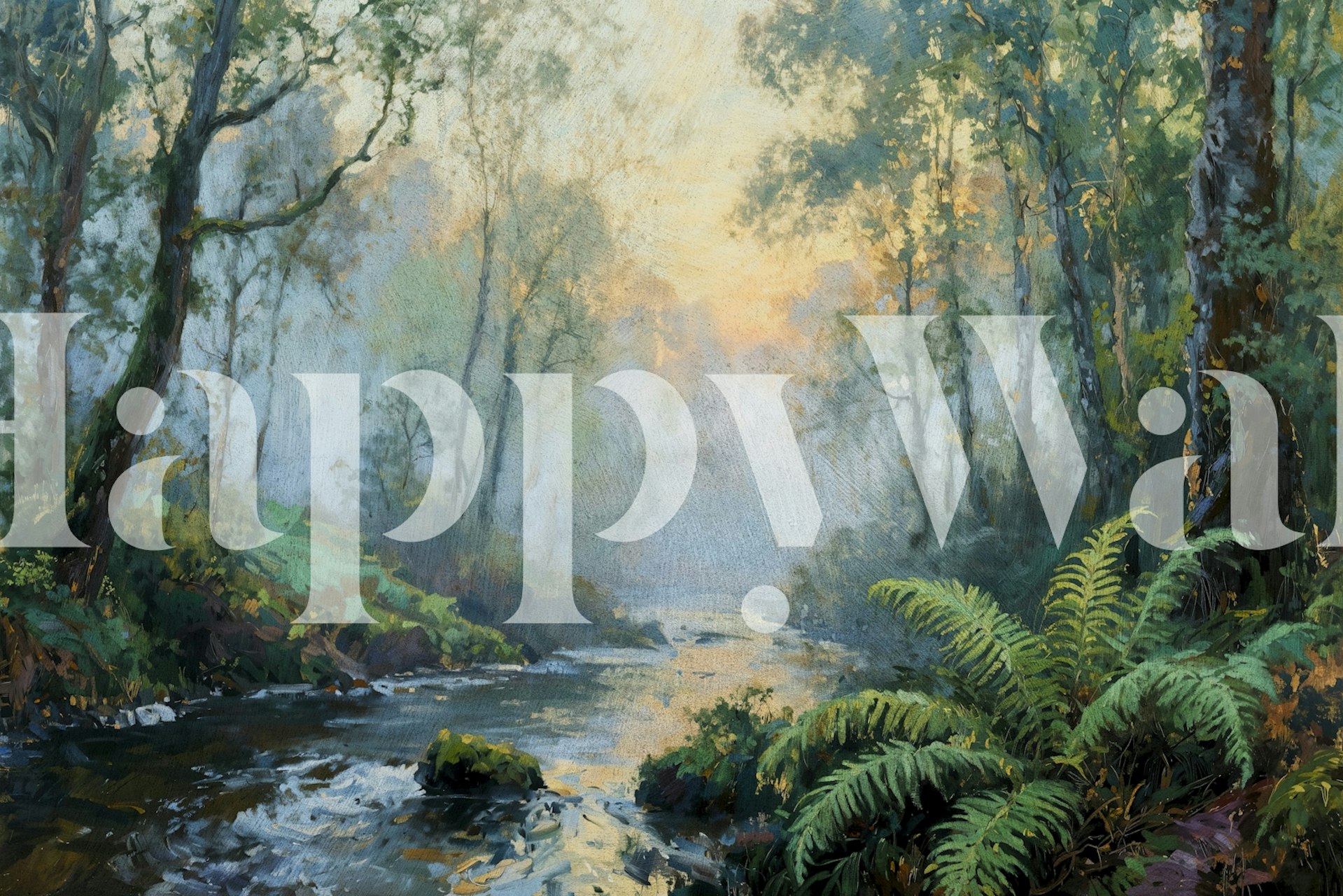 Misty forest stream wallpaper in a cozy room