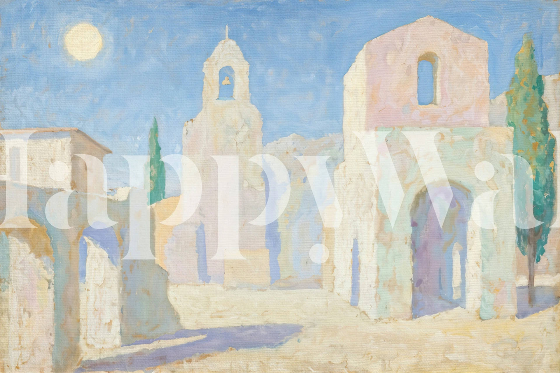 Sunlit Mediterranean Scene behang in een kamer