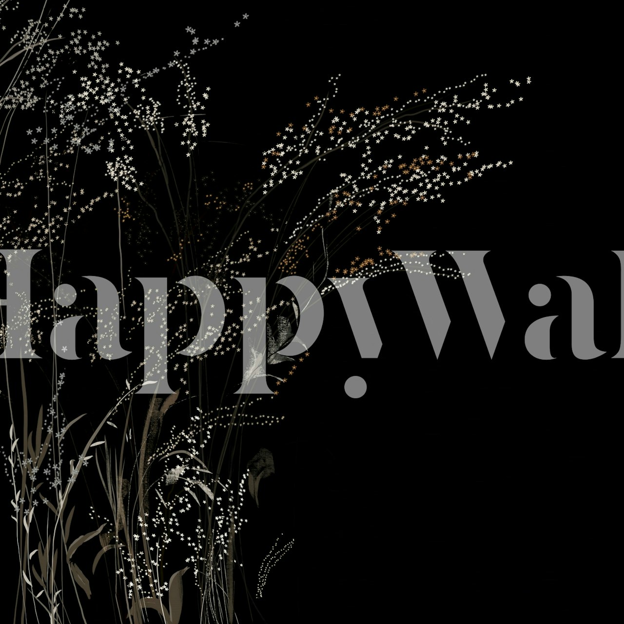 Black floral wallpaper with ivory flower and leaf patterns